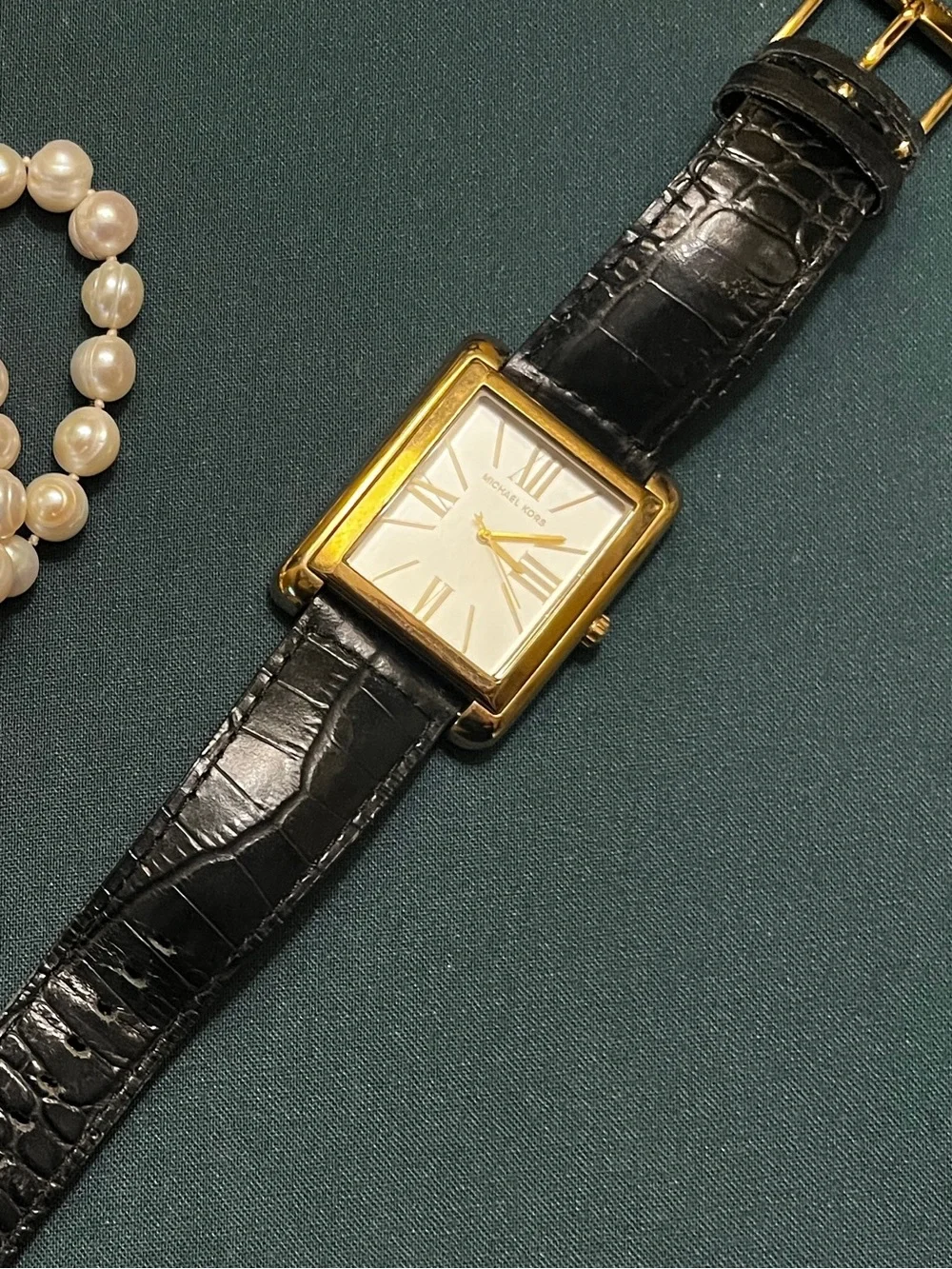 Michael Kors Gold-Tone Rectangular Watch with Black Strap - Picture 2 of 3